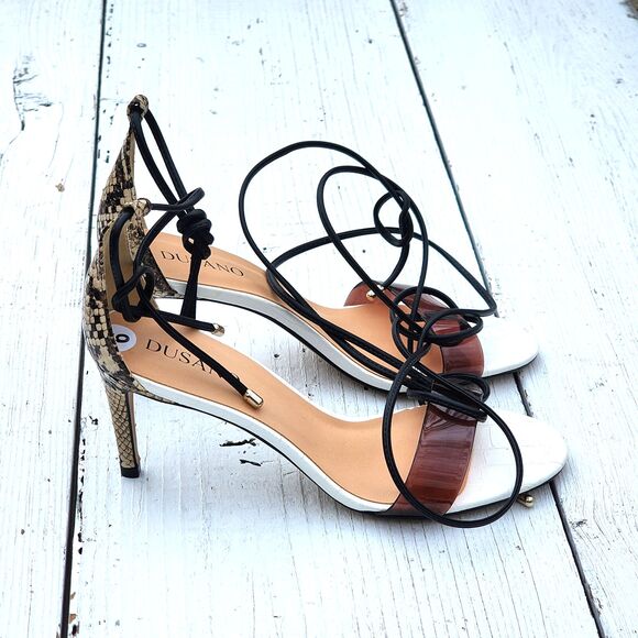 Dusano Women's White Brown Strappy Stiletto Snakeskin Heels Sz US 6 EU 36 - Picture 1 of 7